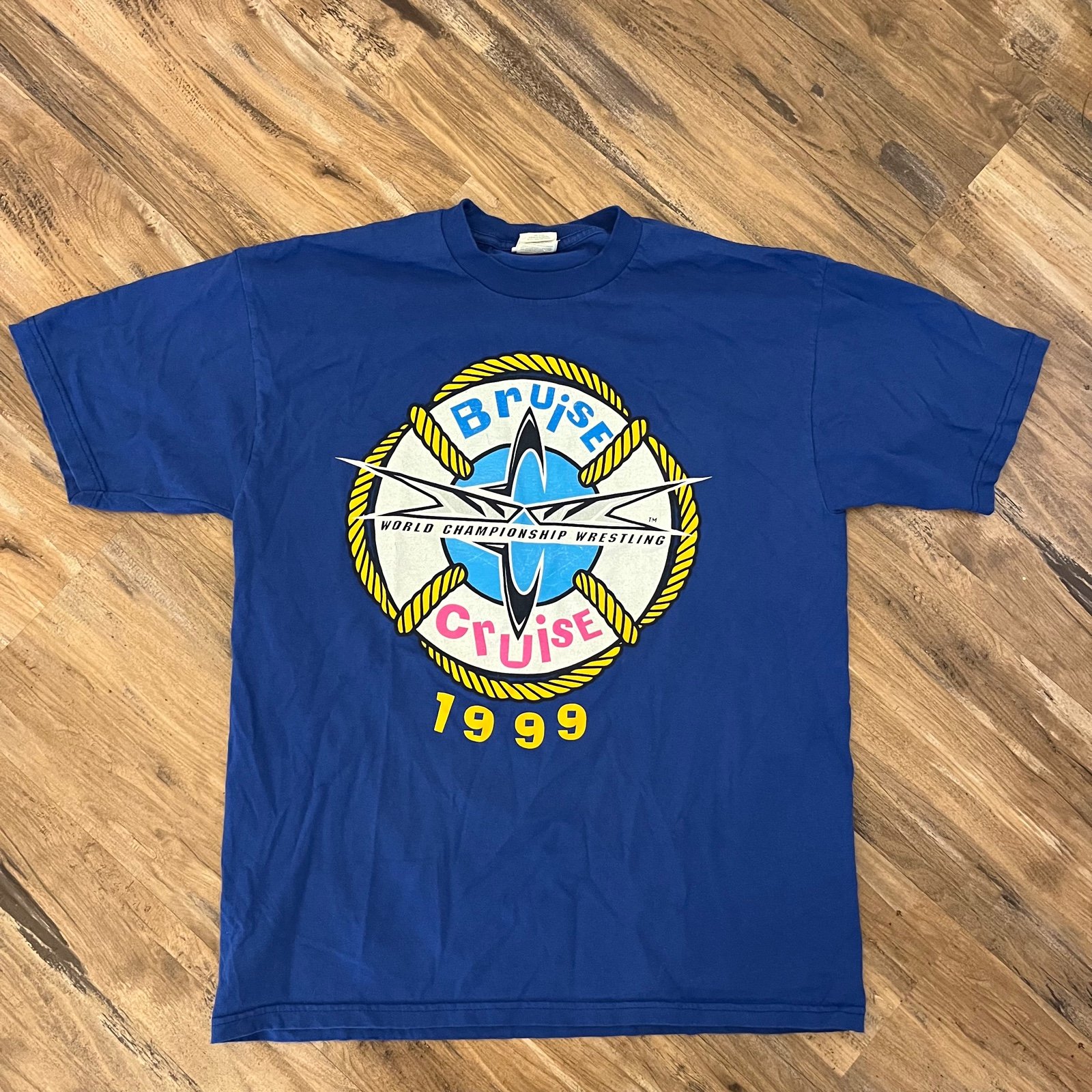 Mens vintage 1999 world championship wrestling bruise cruise t shirt sz L blue