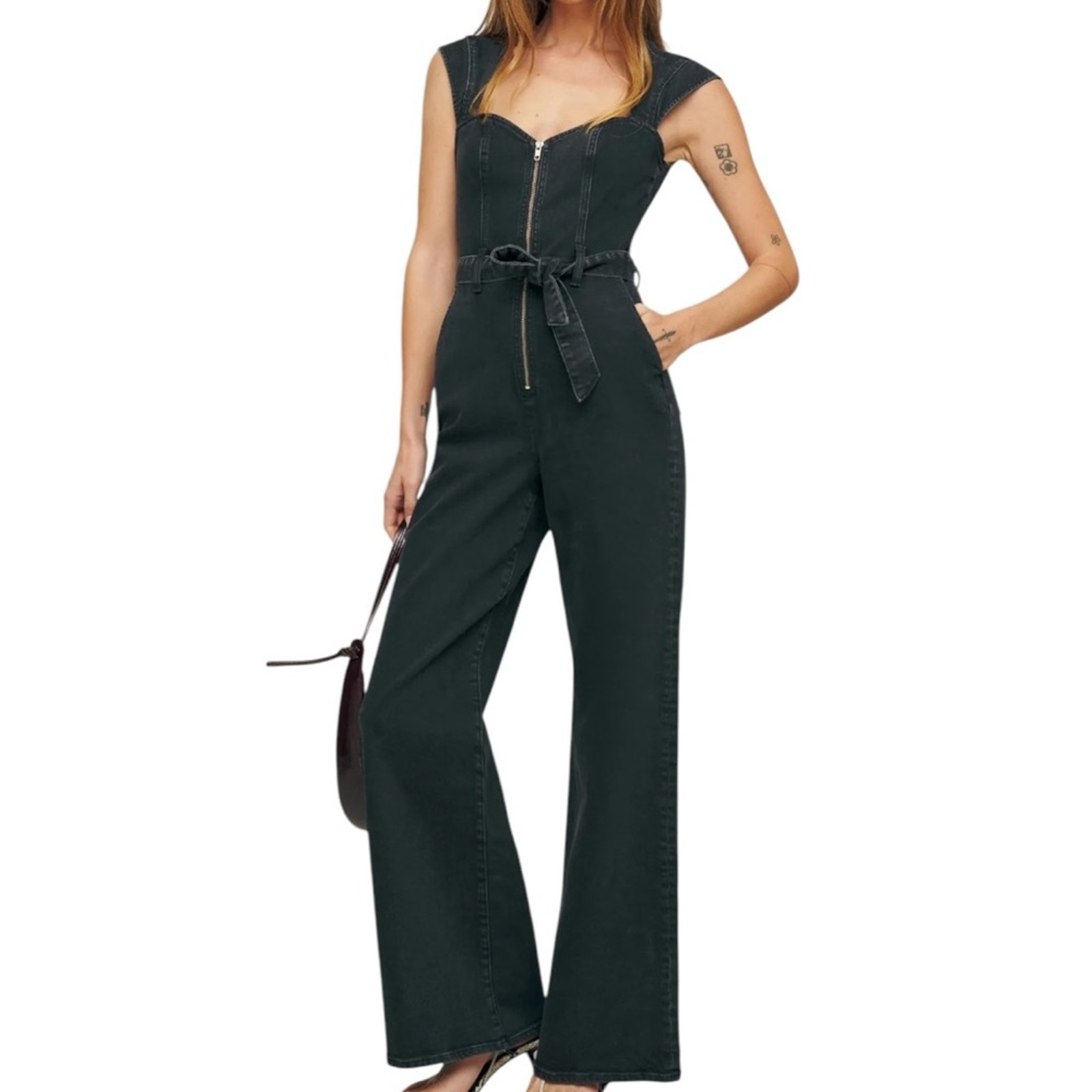 Reformation Black Calypso Wide Leg Denim Tie Waist Stretch Jumpsuit Size 12