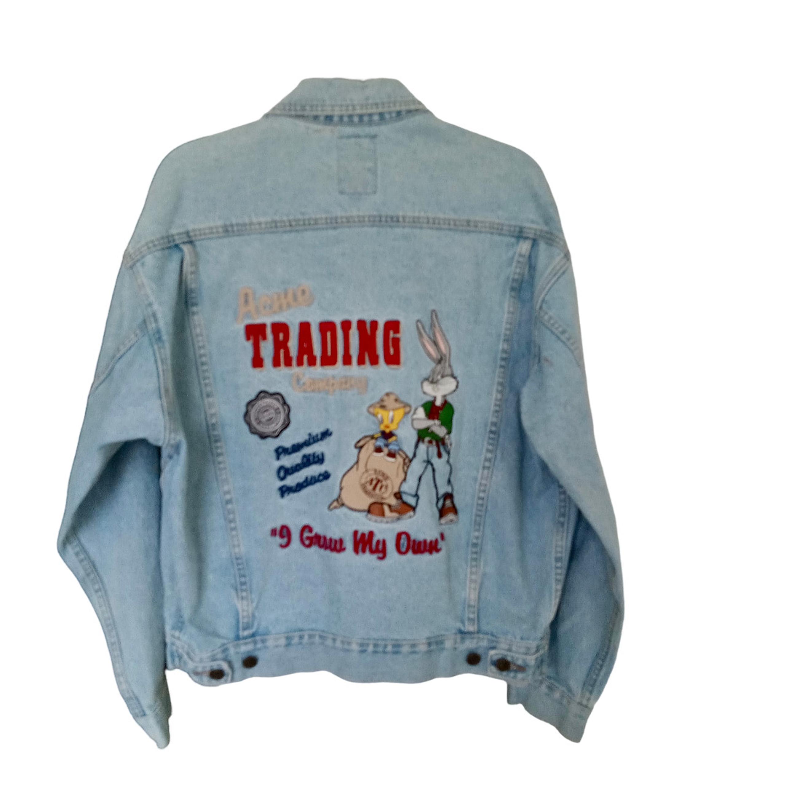 Looney Tunes Warner Bros 1998 Denim Jean Jacket 90s Vintage RARE Mens Sz S ACME