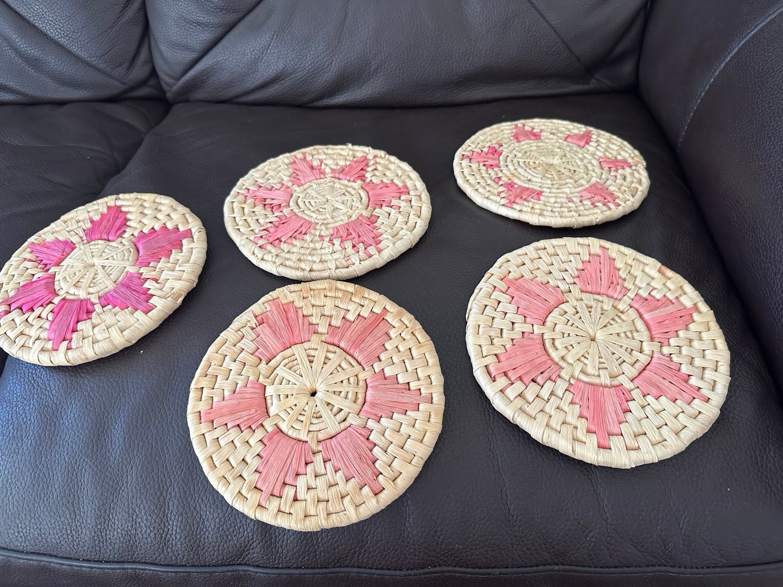 Vintage Boho hand Woven Wicker Straw Trivets / Set 5 pieces