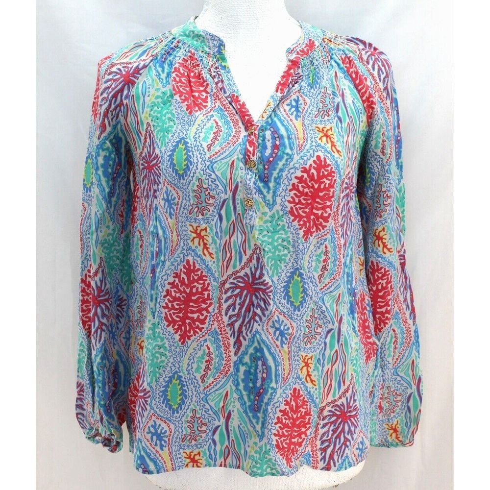 Lilly Pulitzer Elsa Silk Blouse Womens Size XS Let Minnow Print Colorful