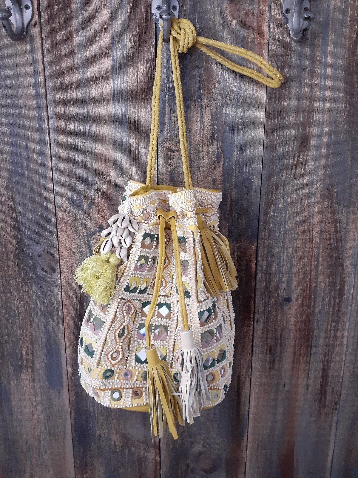 Funky Boho Mirrored/Beaded Bucket Bag