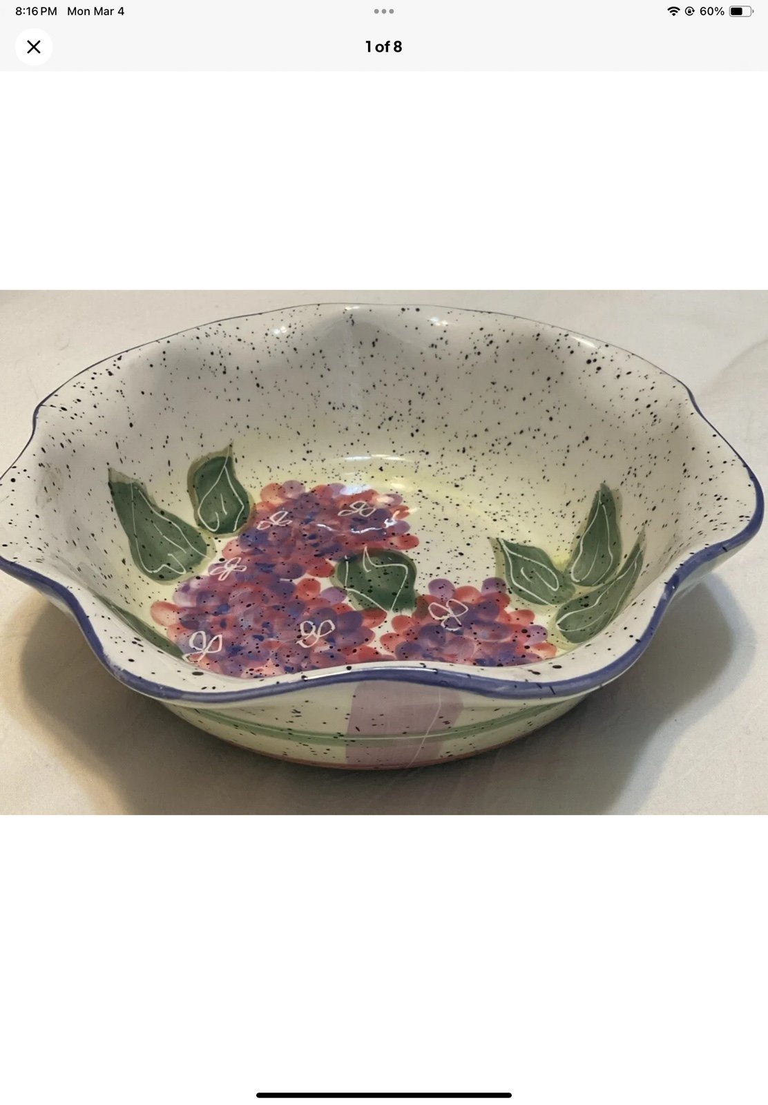 Julie Ueland Backsplash Floral Hydrangea/Plaid Bowl Pottery Scalloped Never Used