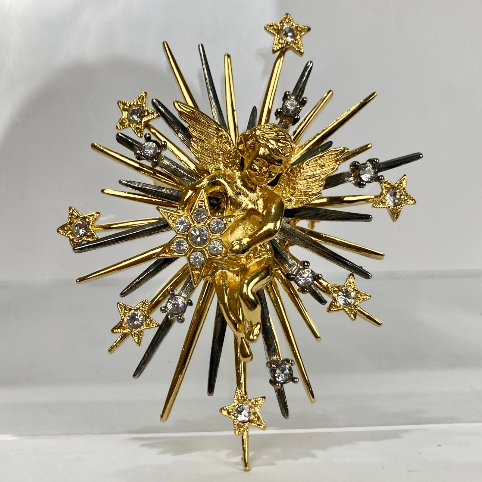 Vintage RJ Graziano Angel Cherub Starburst Stars Brooch Pendant Gold Silver