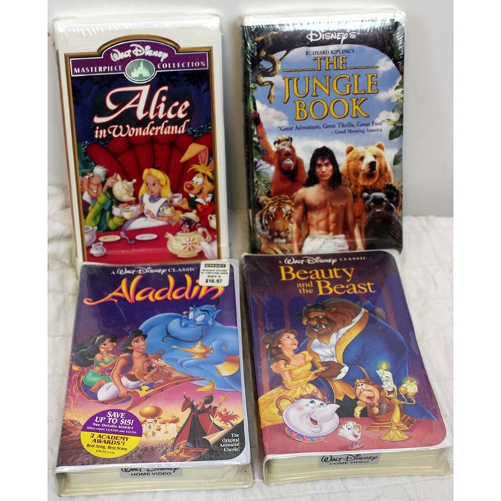 NEW VTG 4 Disney VHS Tape Movies Beauty Jungle Alice Aladdin Factory Sealed CC