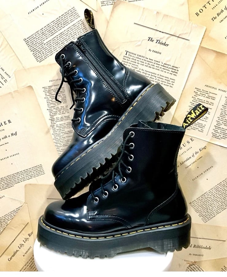 Free People Dr Martens Jadon Leather Boot Platform Polished Smooth Black Leathe