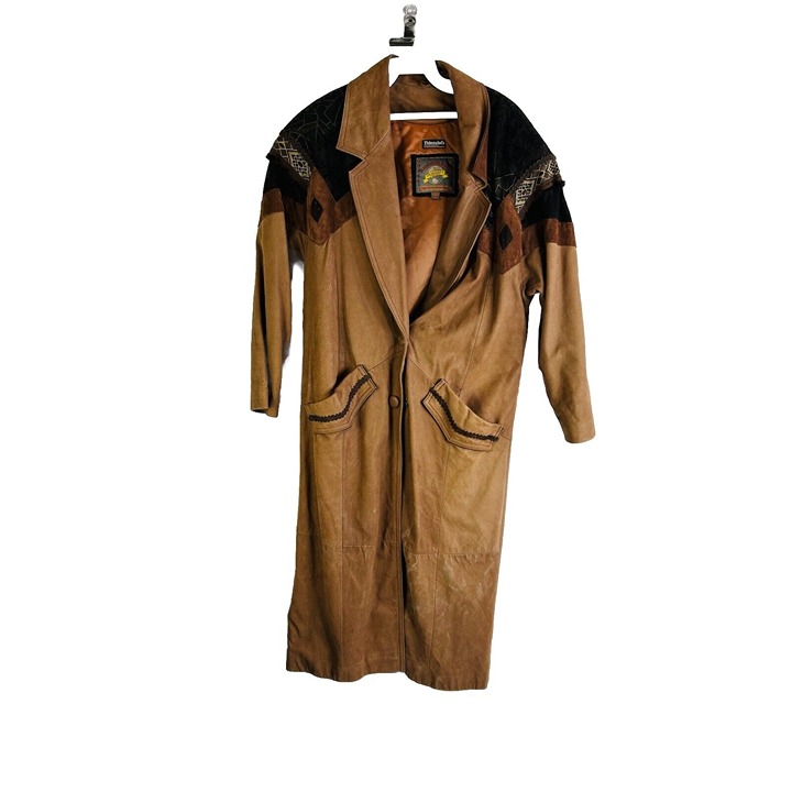 Vintage 90s Womens Small Leather Color Block Long Dolman Trench Coat Streetwear