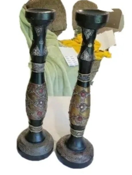 2 Pillar Candle Stick Holder Ornate Wood. 21 tall.  3.5 top base  h
