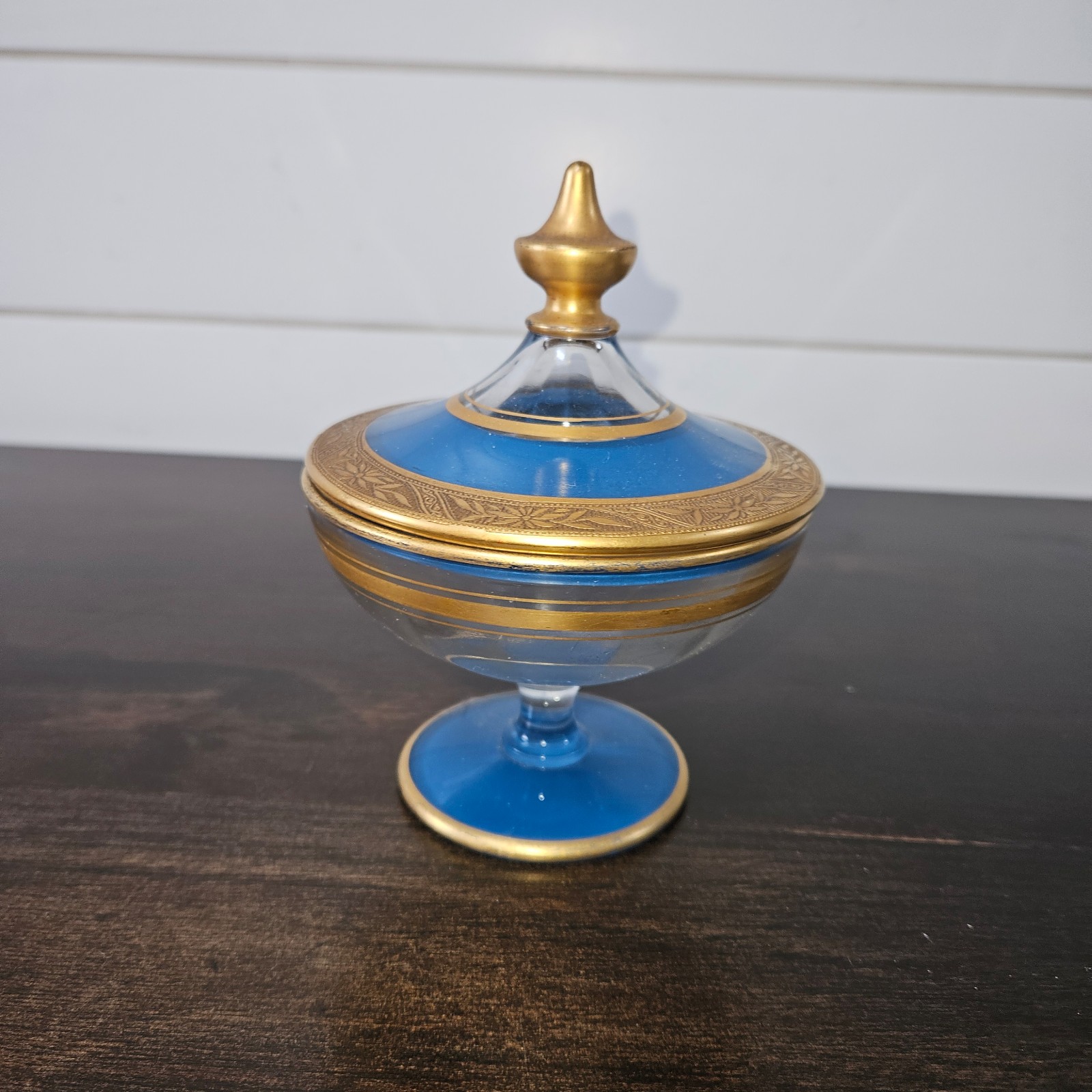 Fostoria Covered Cand/ Trinket Bowl with Blue Top/Base/Foot and gold trim 1920s