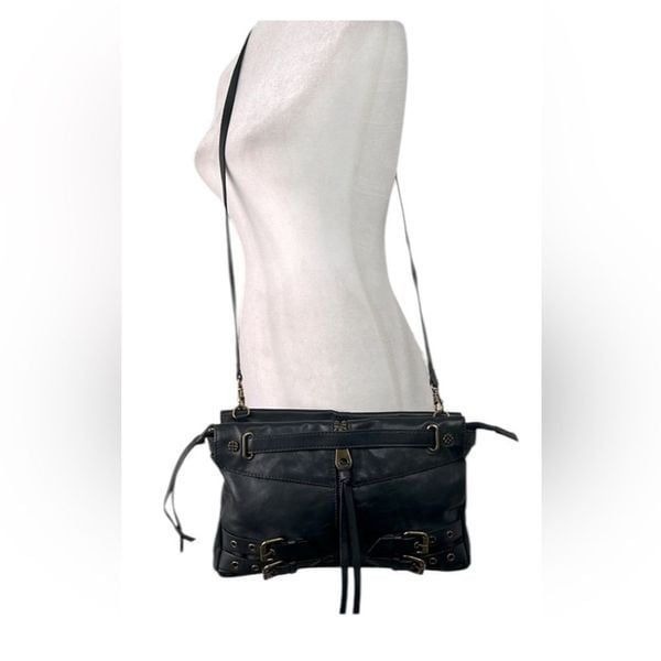 NWT JOELLE HAWKENS Nora Black Leather Buckle Crossbody Bag Navy Blue
