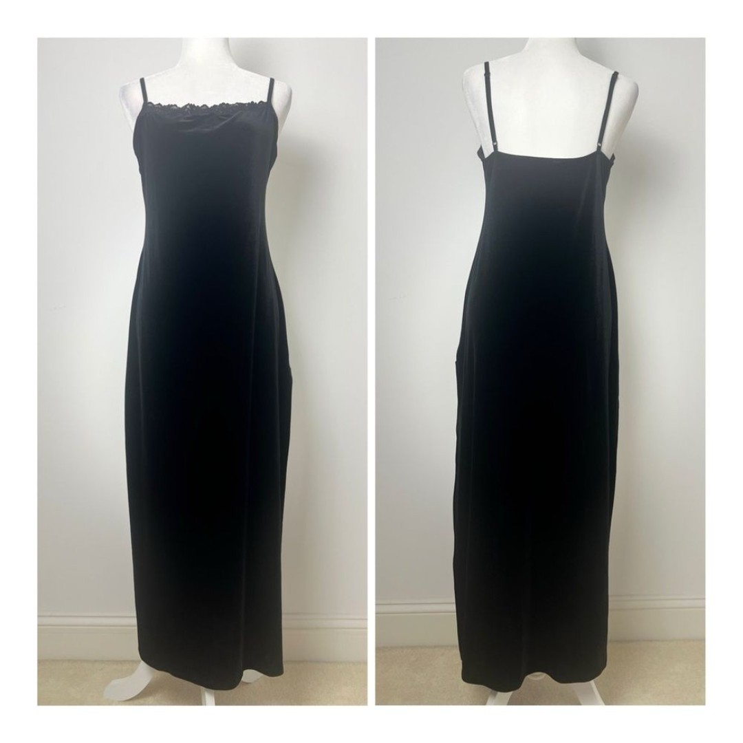 Vintage Y2K Victoria's Secret Black Velvet Lace High Slit Gown Slip Maxi Dress L