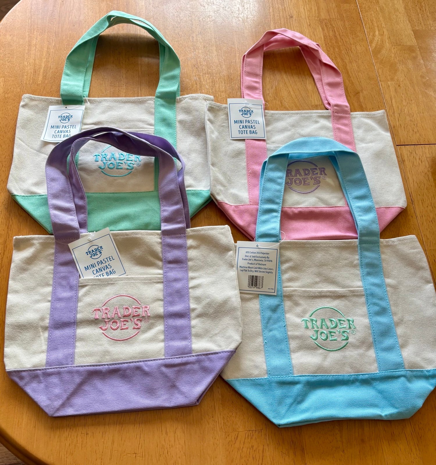 Trader Joe’s new Mini Pastel Canvas Tote Bags Set Of 4 lavender,blue,green,pink