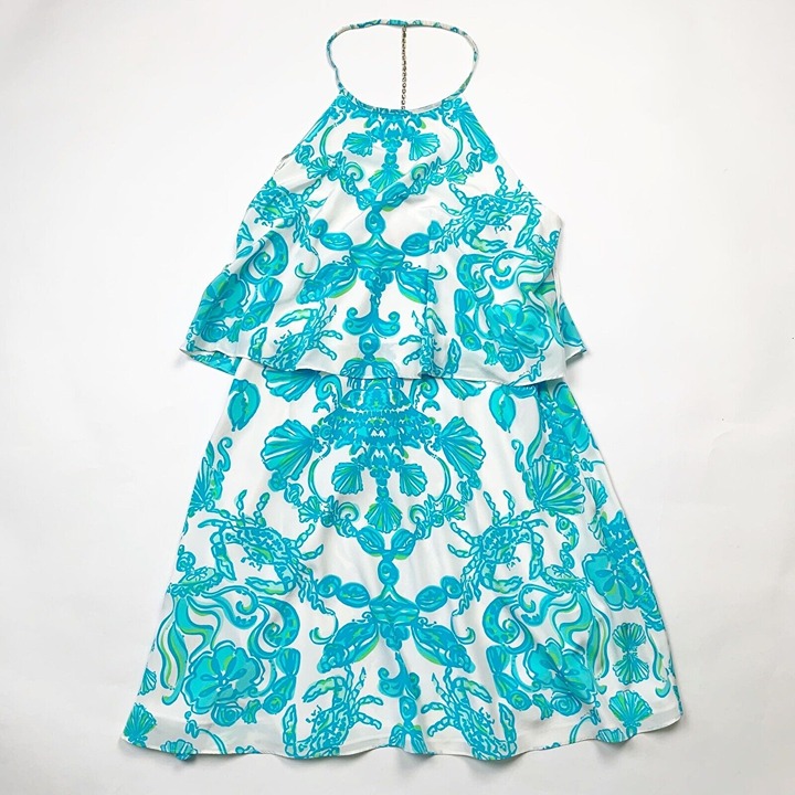 Lilly Pulitzer Womens Whistler Dress Blue White Size 10 Ruffle Silk Polyester