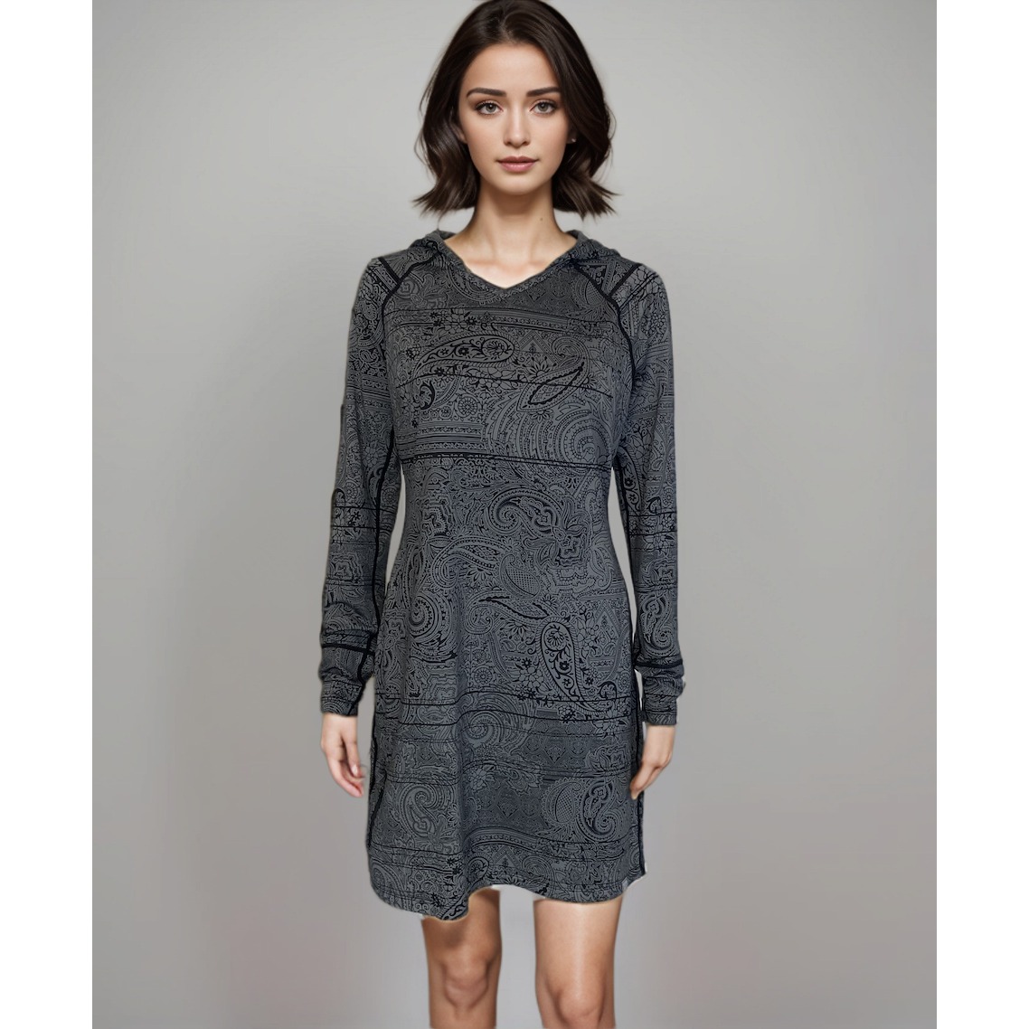 Title Nine Athletic Dress Women Sz S Grey Paisley Long Sleeve Hood