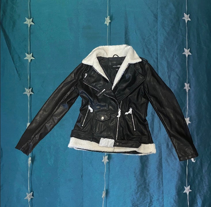 gorgeous black leather jacket with white faux fur lining