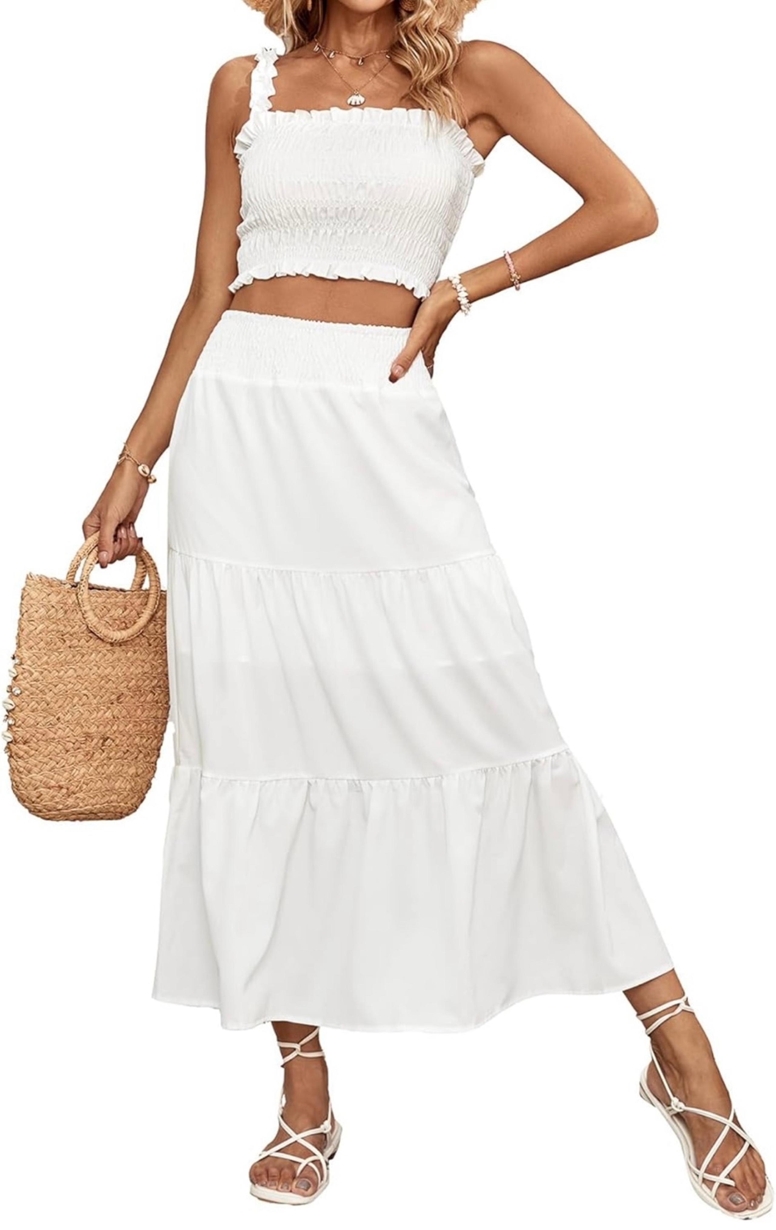 Off White Summer Set, Smocked Cami Tank Top, Long Skirt M
