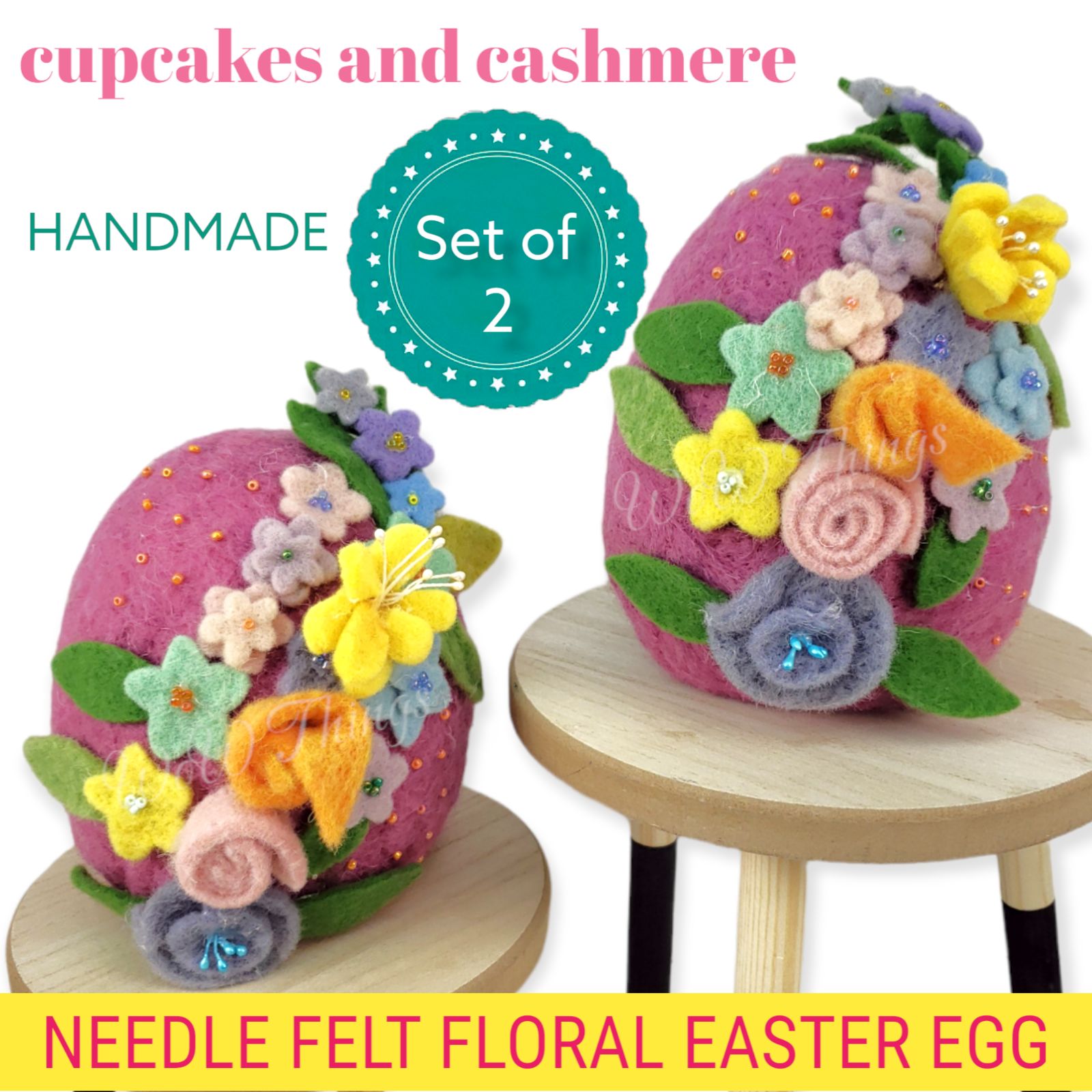 Set of 2 Cupcakes and Cashmere NEEDLE FELT FLORAL & BEADS EASTER EGGS DECOR