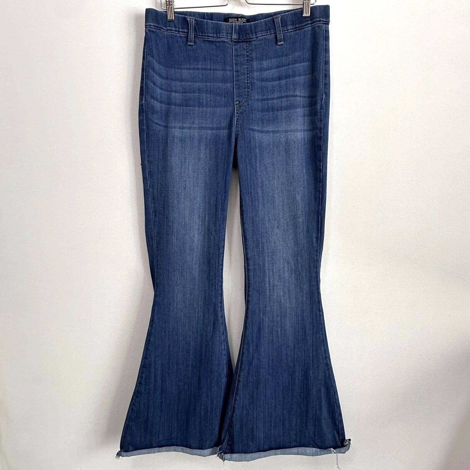 Judy Blue Pull On Super Flare Jeans 15/32 XL 34 Waist High Rise Raw Hem Blue