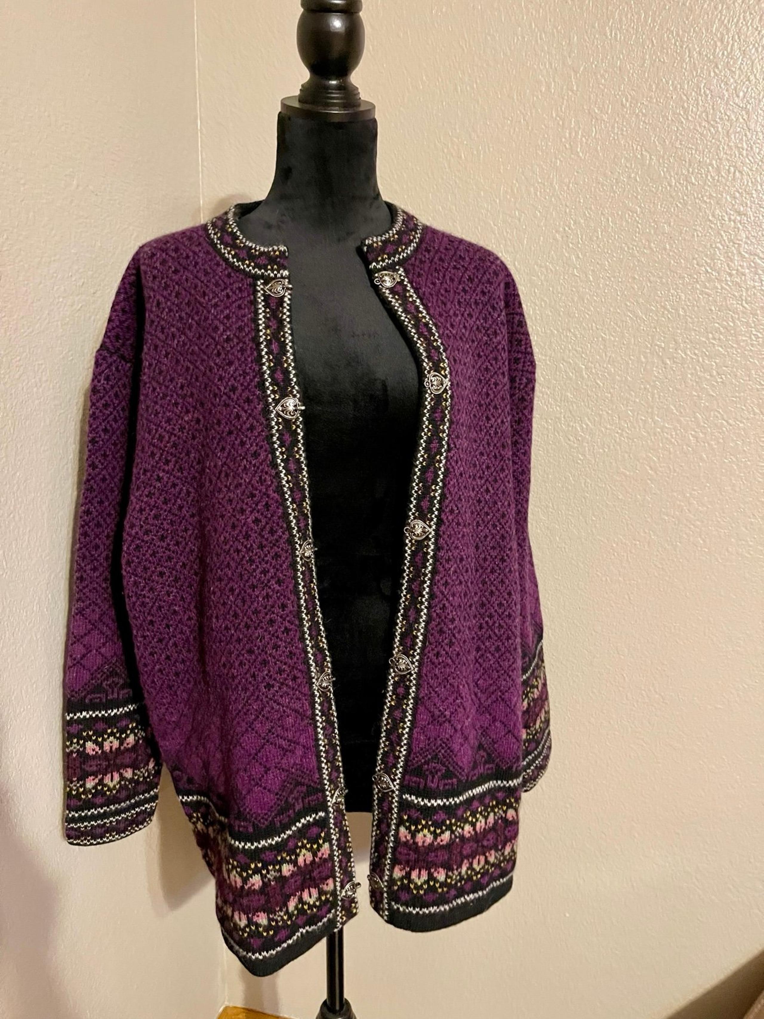 Woman’s Frost 100% Wool cardigan size 1X purple/blackk/beige Made In Hong Kong - Lulu Frost