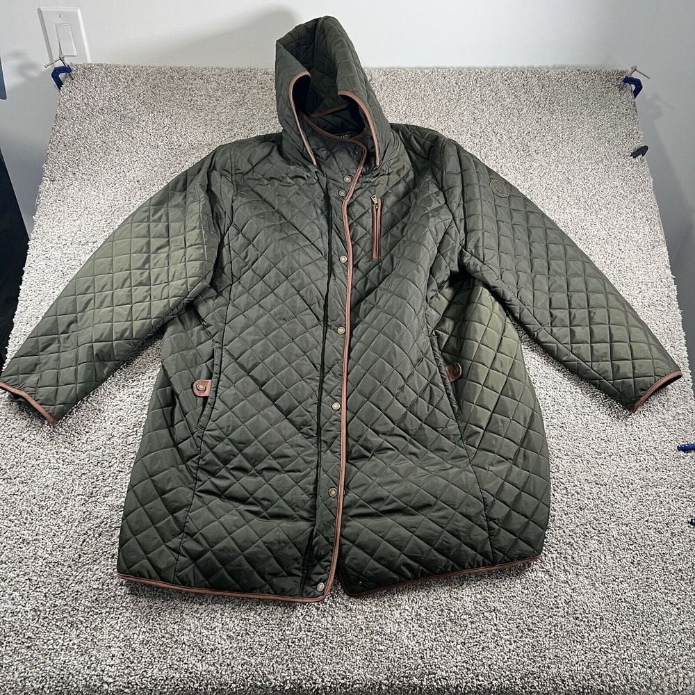 Lauren Ralph Lauren Jacket Womens Olive Quilted Hooded Faux Leather Trim