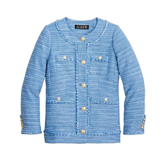 NWT J.Crew Long Lady Jacket in Bright Peri Blue Sequin Tweed Gold Buttons 14