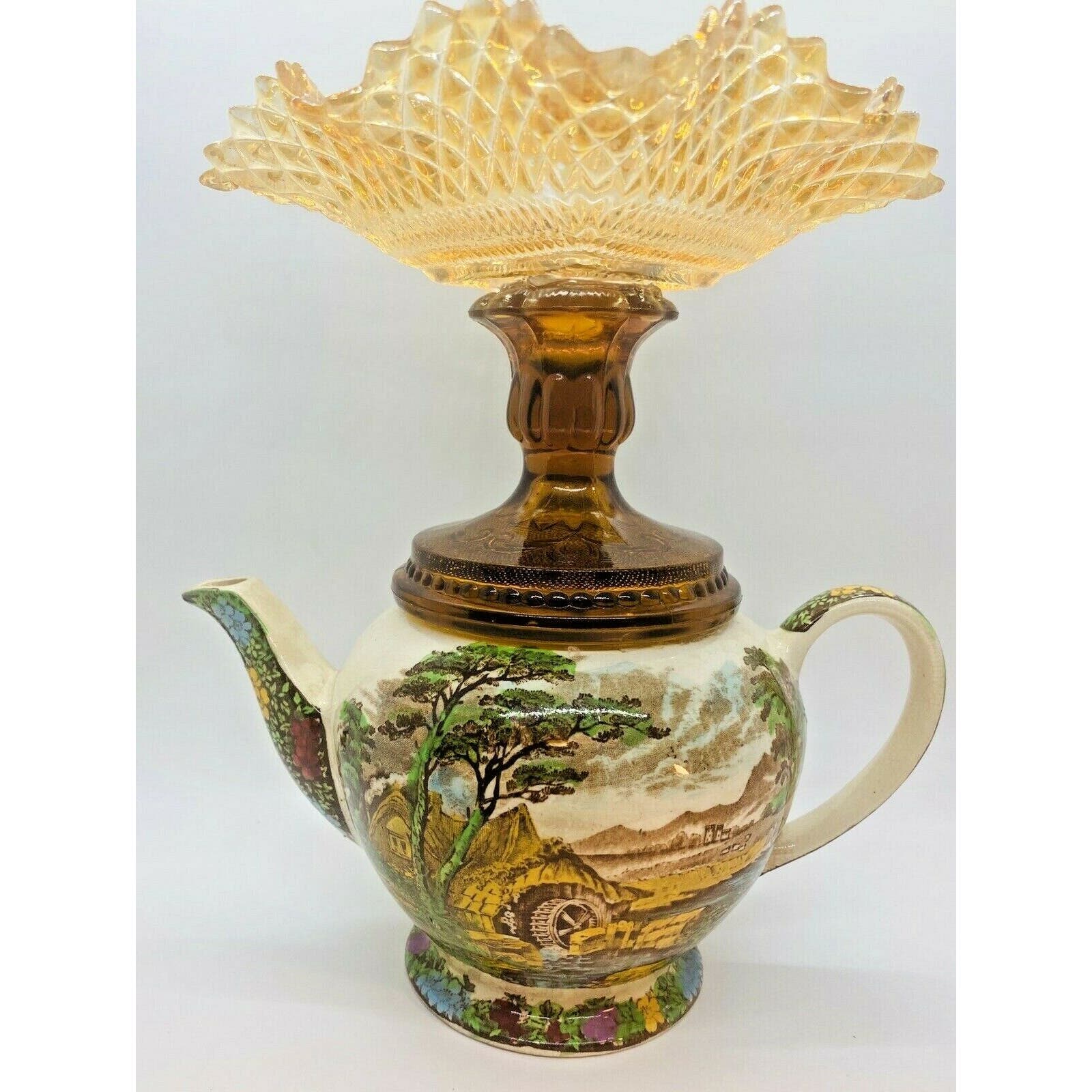 Antique Sadler The Old Mill Teapot Federal Glass Candy Dish Made in England