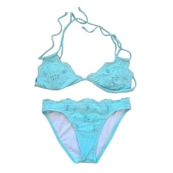 ️NWOT Hot Kiss Light Baby Blue Scalloped Lace & Bead Detail Bikini Set Medium