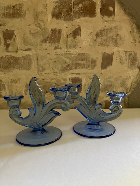 Canterbury Light Blue by Duncan & Miller - Two Vintage Double Light Candlesticks