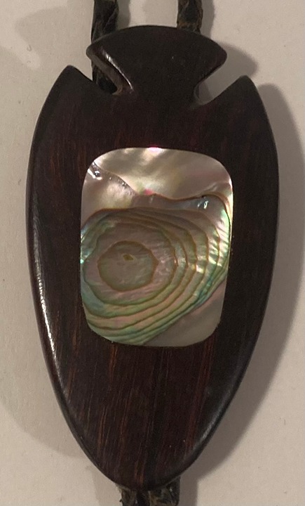 Vintage Metal Bolo Tie, Bennett, Nice Wood and Abalone Design, Nice Western