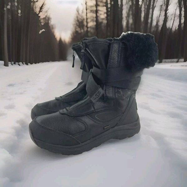 UGG Tahoe Women's Black Leather Sheepskin Snow Boots US 8 Front Zip Belted Boot