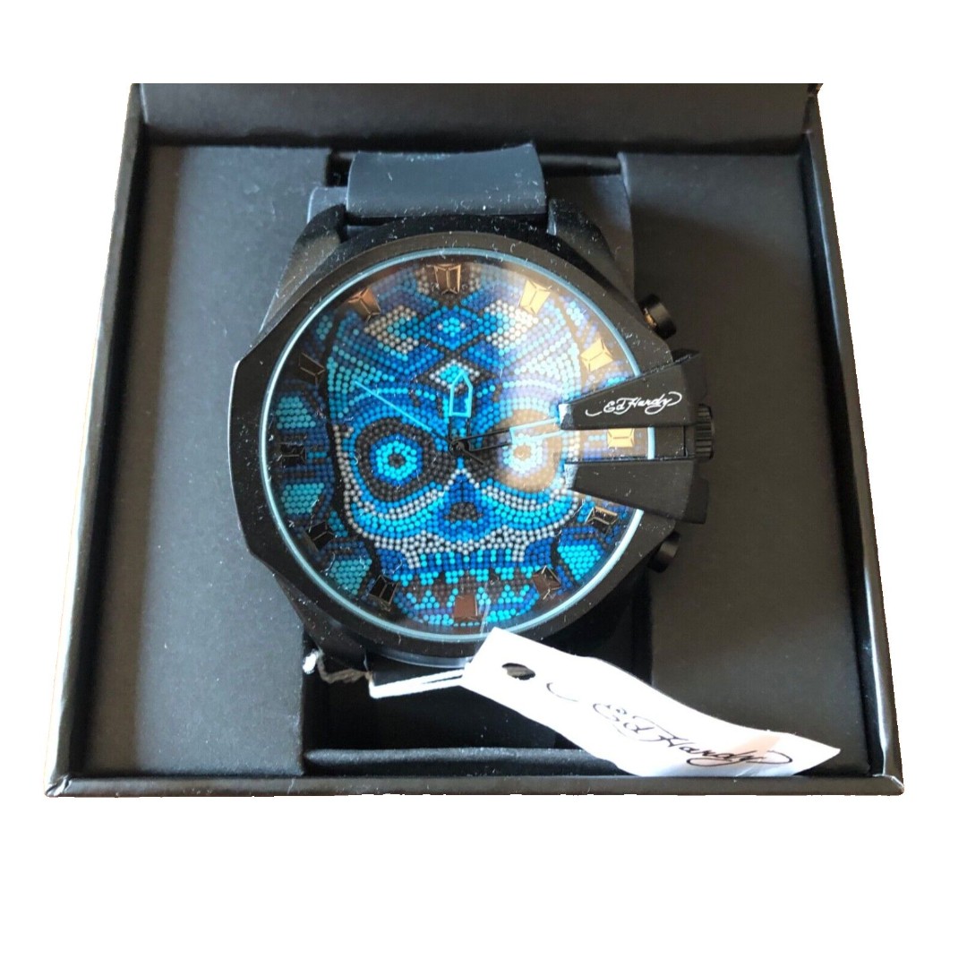 Ed Hardy Men's Matte Black Silicone Strap Analog Watch Blue Skull New in Box