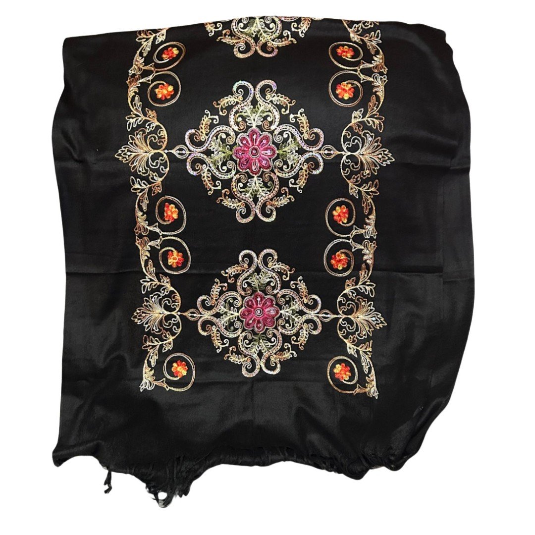 Ornate Black & Gold Embroidered Scarf - 26 x 54