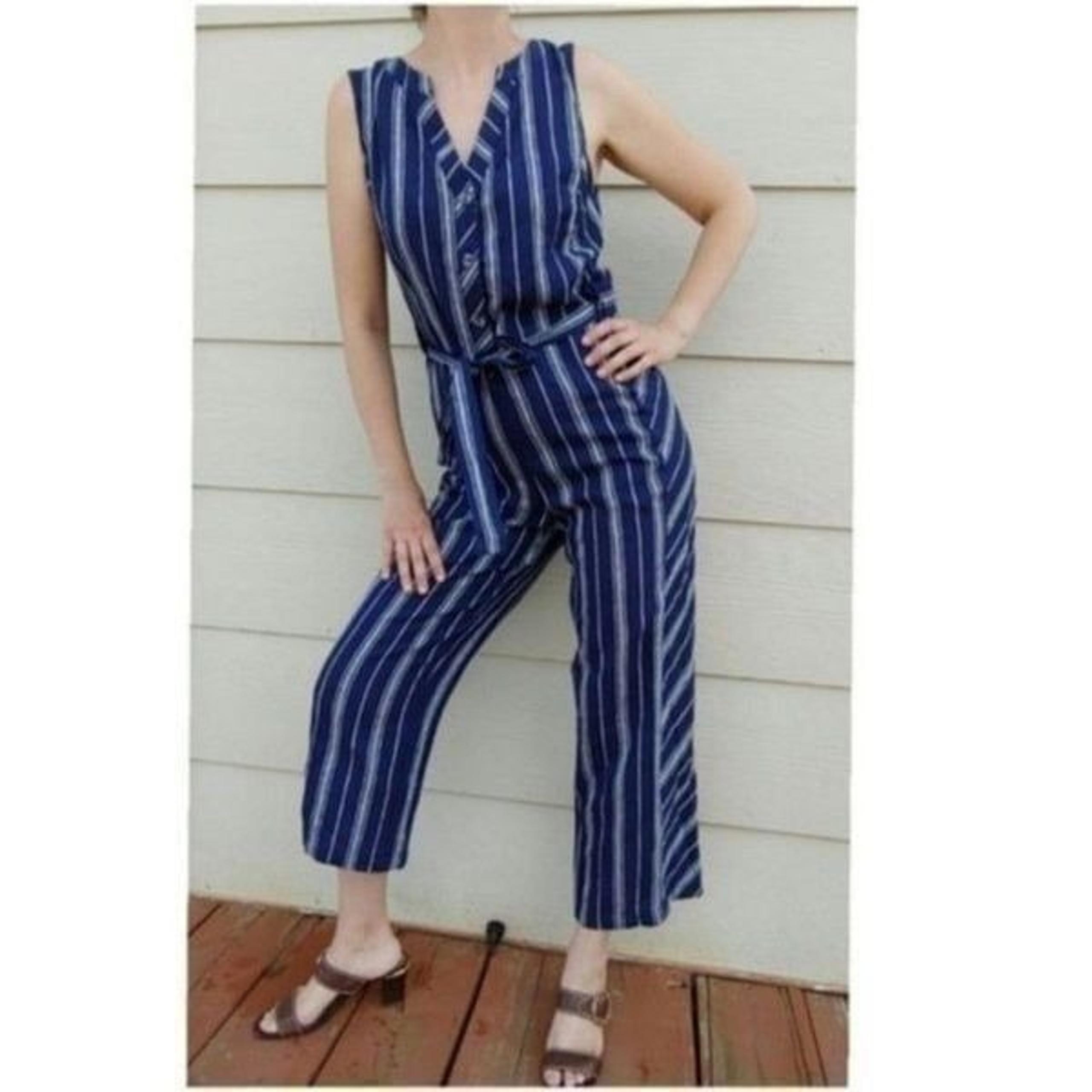 Laundry by Shelli Segal Striped Linen Viscose Sleeveless Jumpsuit Navy Size 8