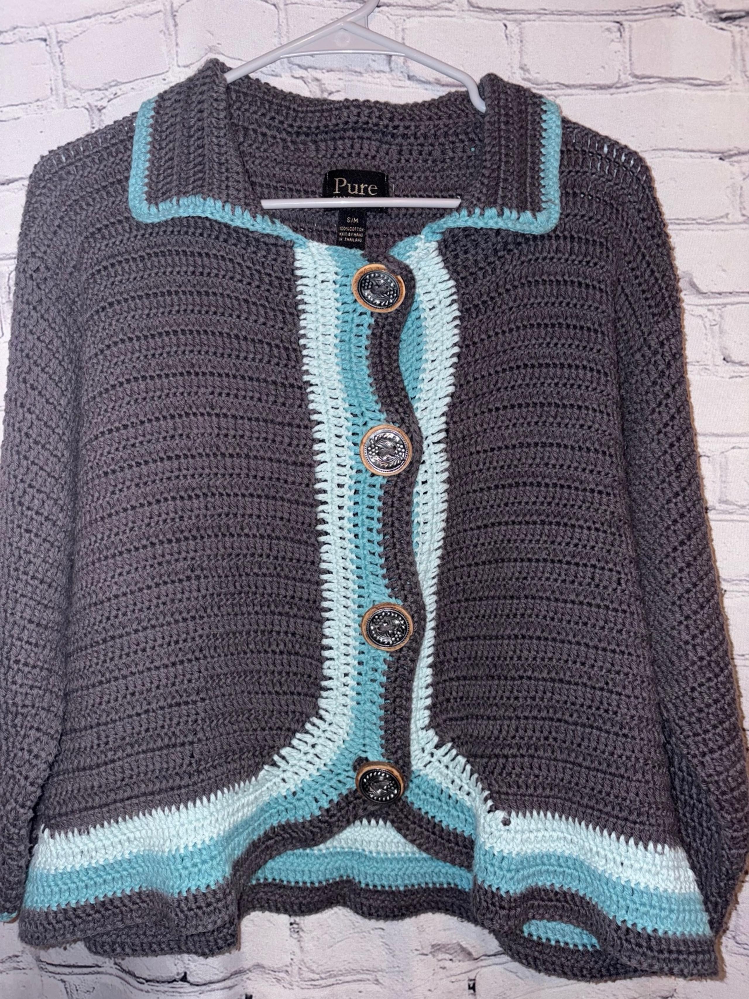 Pure Handknit Sweater Women Small Medium Gray Blue Crochet Long Sleeve