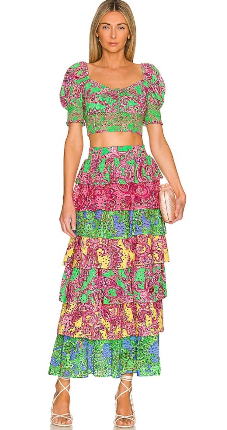 Alice + Olivia Crawford Smocked Top and Jia Tiered Ruffle Skirt