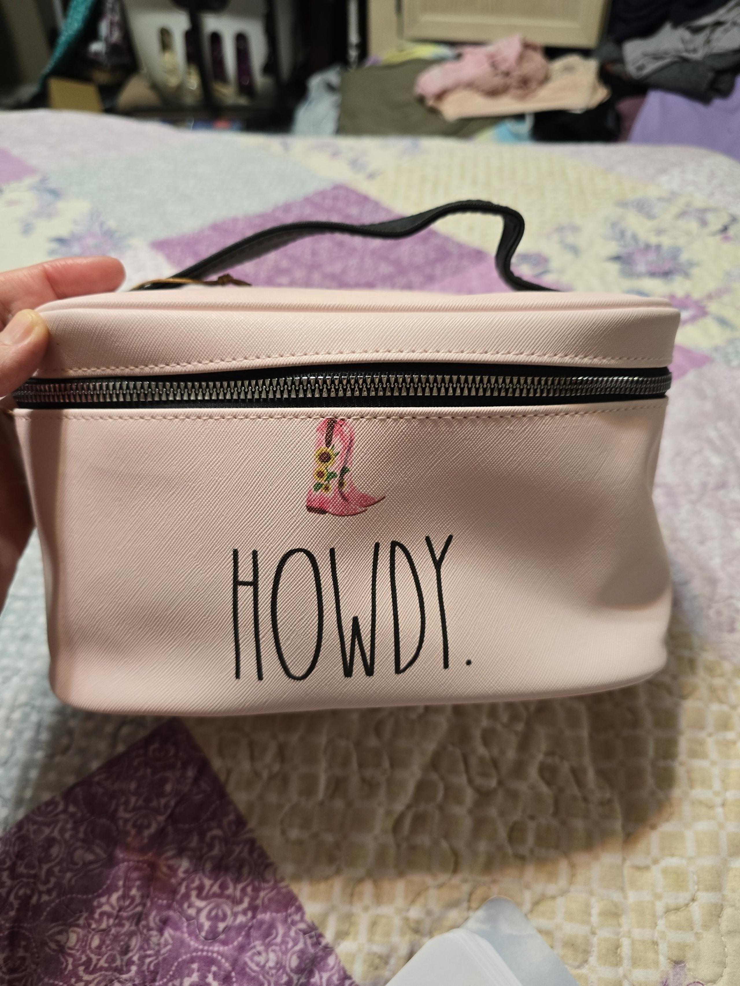 PINK RAE DUNN COSMETIC BAG "HOWDY" WITH COWGIRL BOOTS NWT
