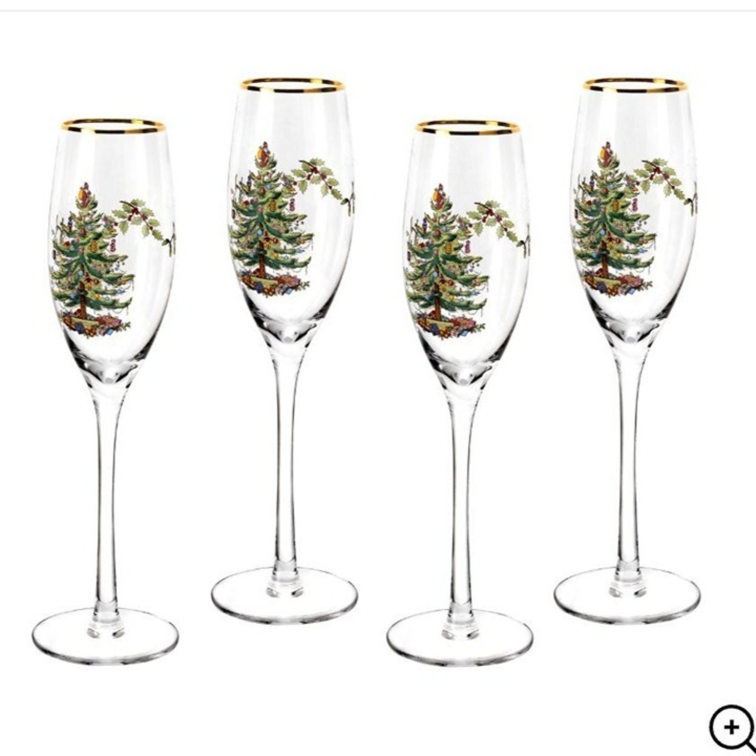 NIB Spode Christmas Tree Champagne Flutes Glasses 8.45 oz Set of 4 Holiday Gift
