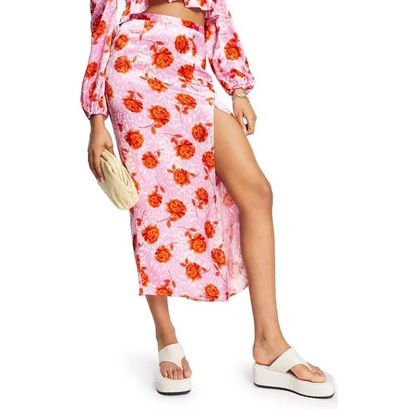 Topshop Pink Floral Midi Skirt Size 2 US | Red Rose Print Side Slit High Waist
