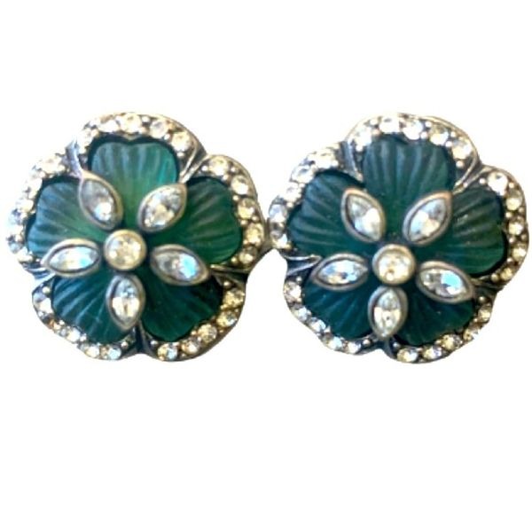 Vintage Button Earrings with Floral Motif & Crystals in Art Deco Victorian Style