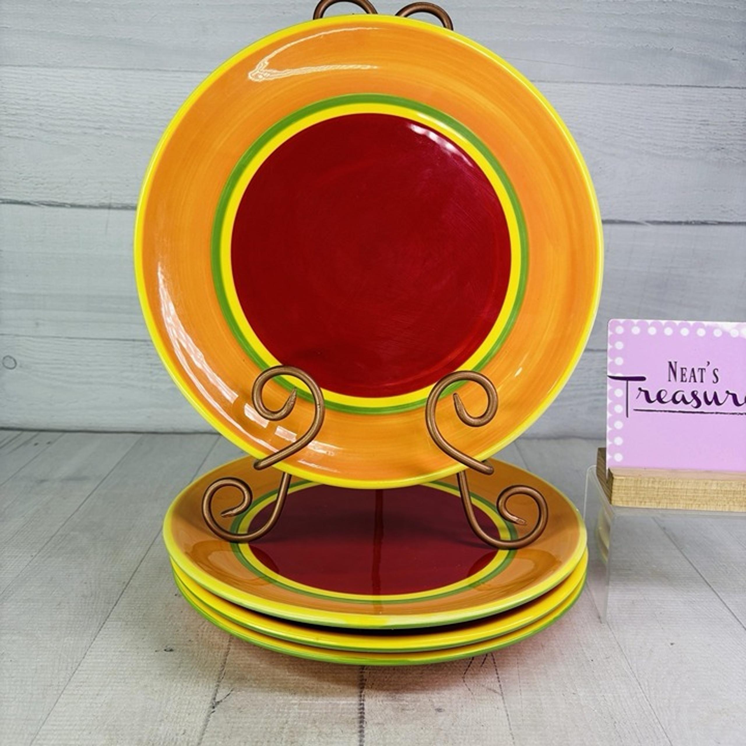 Dansk CARIBE ARUBA ORANGE & Red Green Yellow Rings 10 5/8" Dinner Plate Set of 4