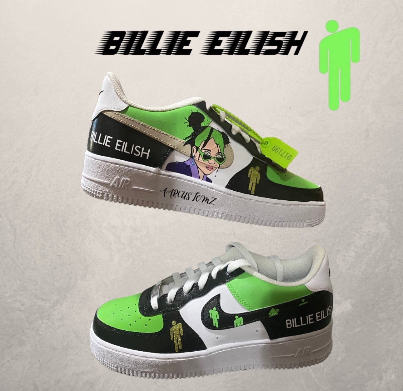 Hand painted Billie Eilish theme low top green af1 woman and men sizes available