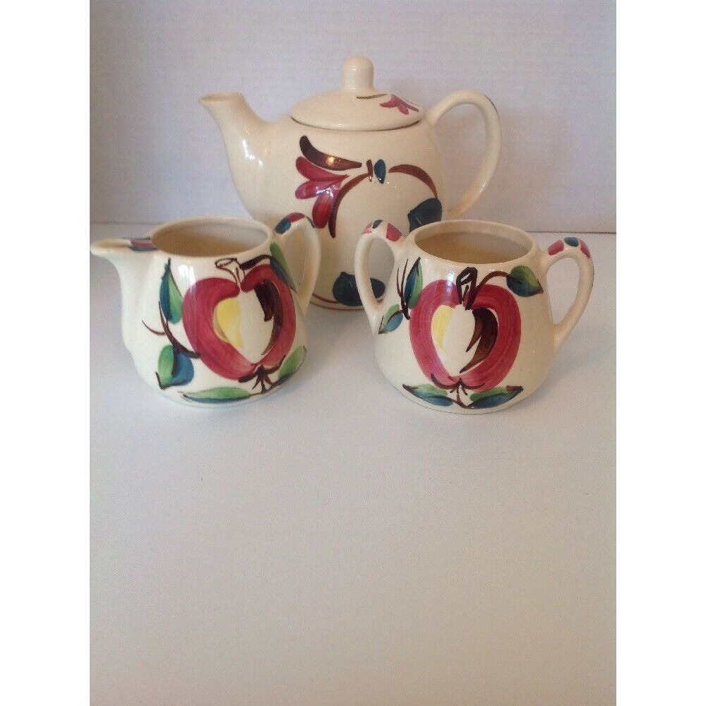 Purinton Apple Pottery slipware Tea/coffee pot with lid, Creamer& Sugar 3 piece