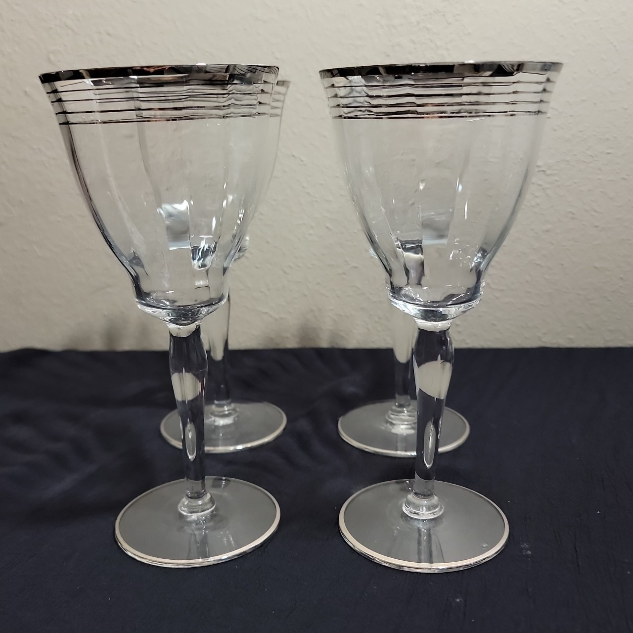 Set Of Four Blown Glass Platinum Rim Water Goblets
