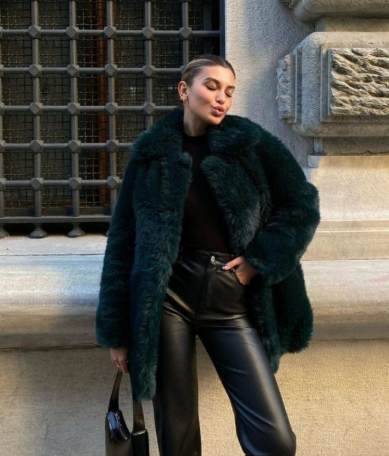 MANGO NWT Sz XXS FAUX FUR Dark Green Winter Coat Mid Jacket Blogger's FAV. NEW