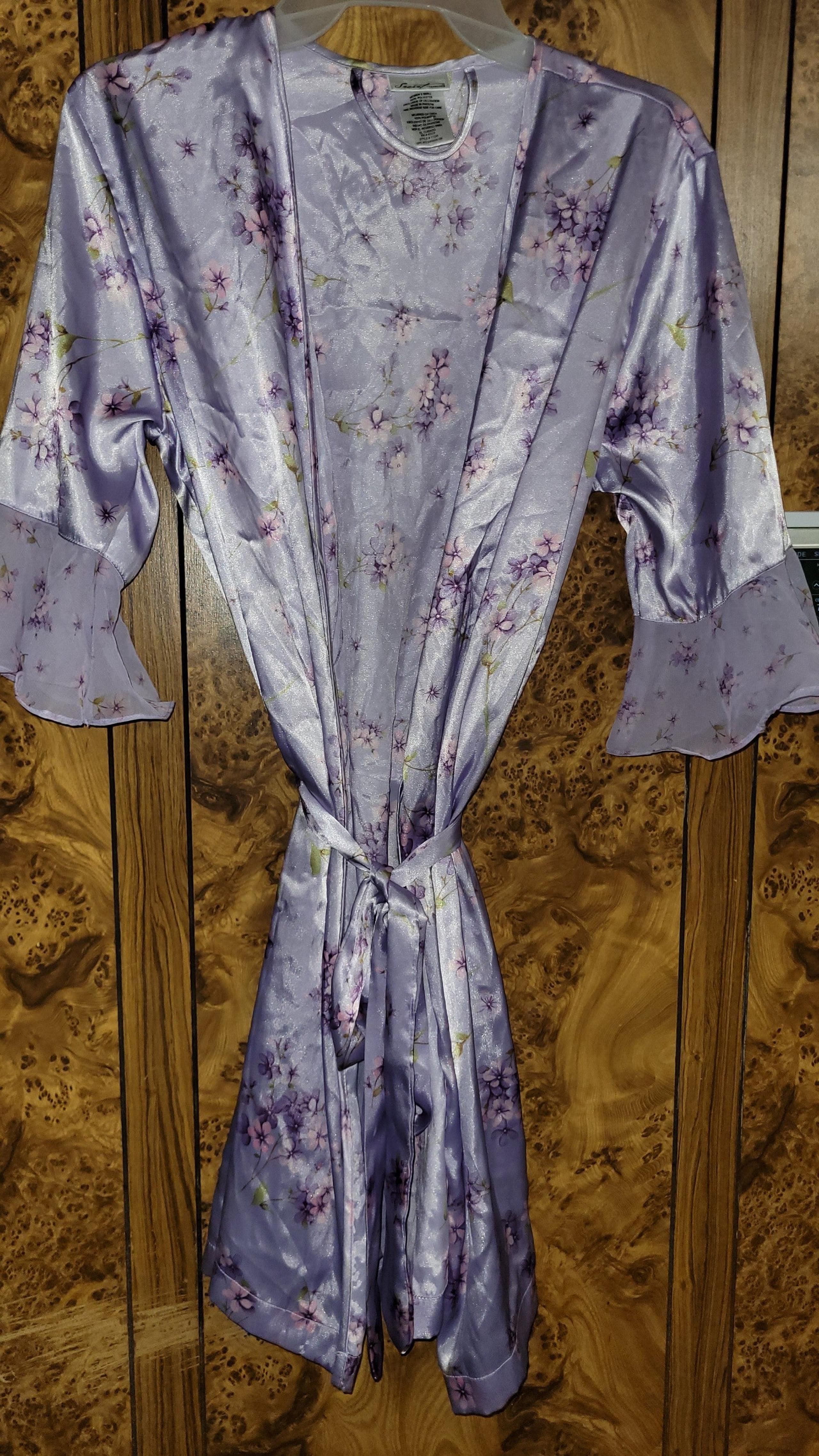 SECRET TREASURES womens 3/4 slv robe sheer ruffle knee lngth satin floral prpl S