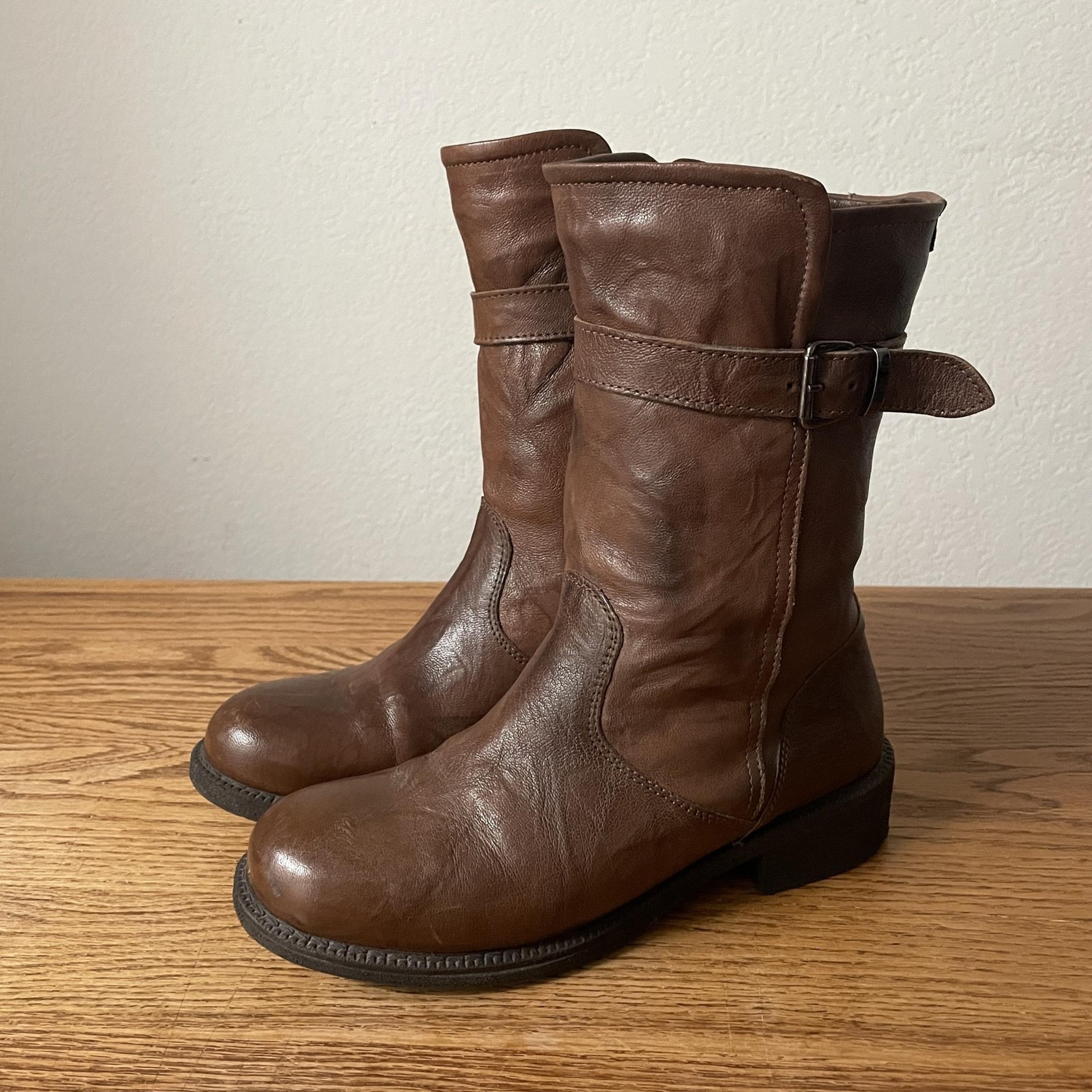 Sundance Boots Womens Size 38 Brown Leather Made in Italy Mid Calf Buckle Zip