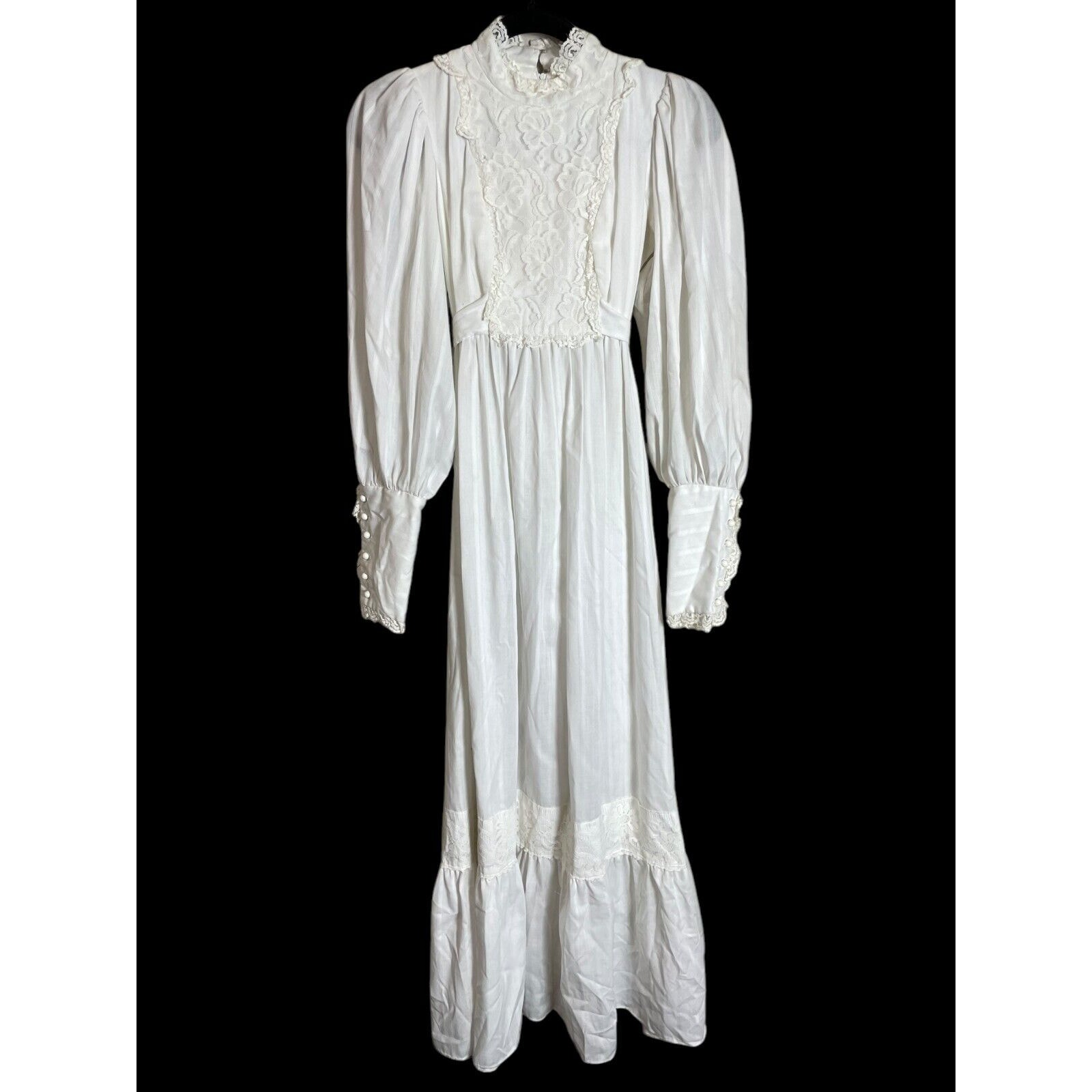Vintage 70s Candi Jones White Lace Cottagecore Maxi Dress Prairie Long Sleeve XS