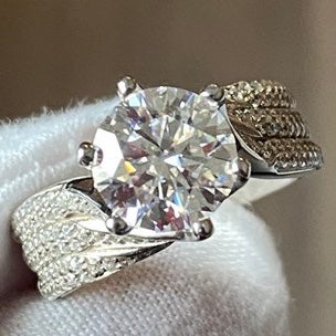 3ct Round Moissanite Twist Band Silver Cocktail Ring Size 8 Certificate