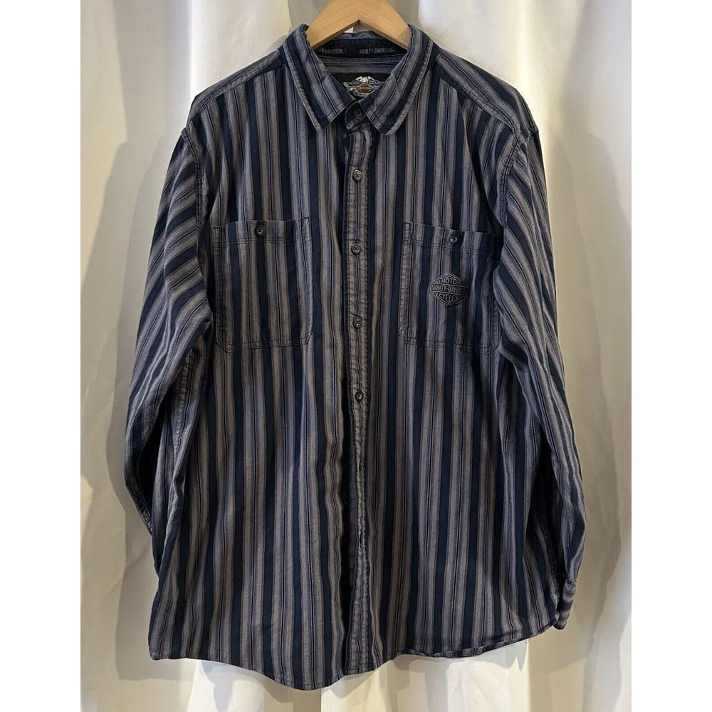 Harley Davidson Shirt Mens XLarge Long Sleeve Button Up Embroidered Striped
