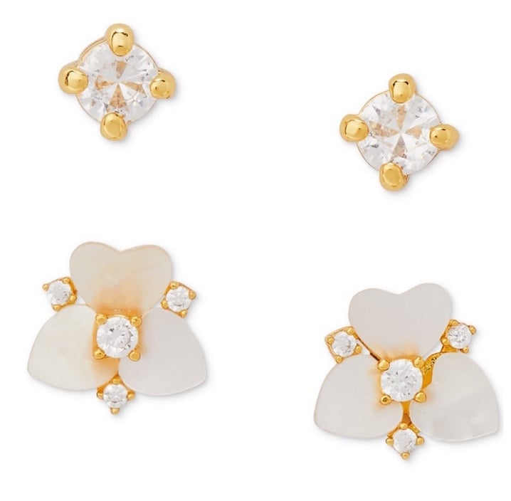 New Kate Spade Gold-Tone 2-Pc. Set Crystal & Mother-of-Pearl Pansy Stud Earrings